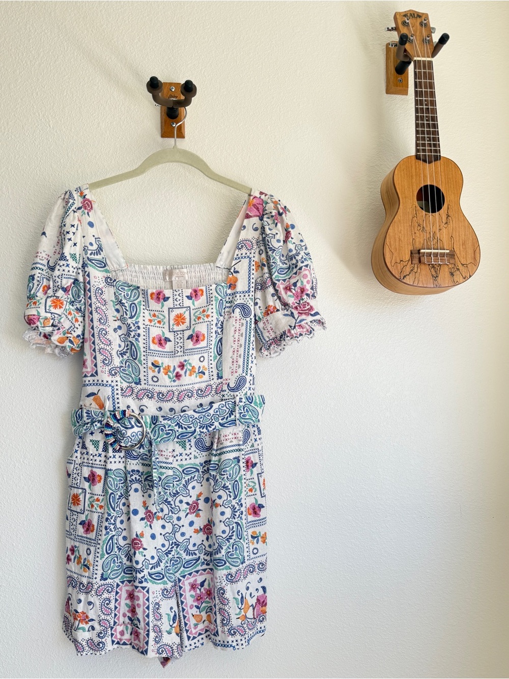 Caroline Constas Cross-Stitch Paisley Floral Puff Sleeve Romper Beaded Belt XS